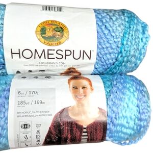 Homespun Lion Brand Waterfall Blue Richly Textured Yarn 2 Skeins Same Color Lot